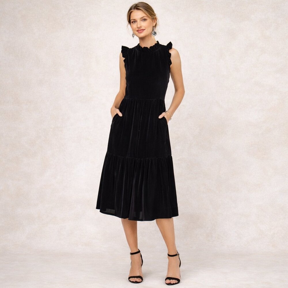 J.Crew Black Velvet Tiered Midi Cocktail Dress Ruffle Trim Sleeves Pockets Sz 12